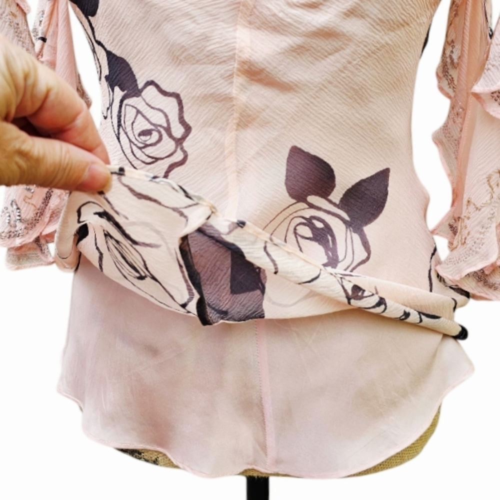 Rebecca Taylor Pink Silk Cold Shoulder Ruffled Top, Size 4 - Picture 6 of 8